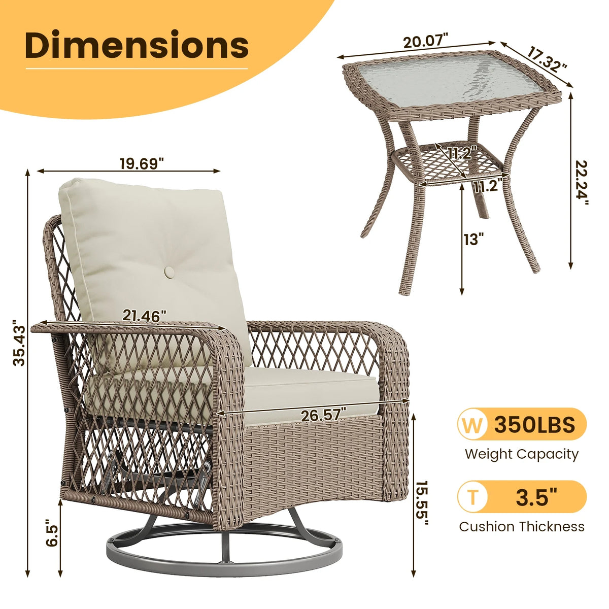 ELPOSUN 3 Pieces Patio Furniture Set, Outdoor Swivel Gliders Rocker, Wicker Patio Bistro Set with Rattan Rocking Chair, Glass Top Side Table and Thickened Cushions for Porch Deck Backyard