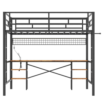 Twin Loft Bed with Desk, UHOMEPRO Metal Loft Bed with LED Lights, Charge Station, DIY Mesh, Clothes Rail, 4 Storage Shelves, Safety Rails and 2 Ladders, Loft Bed for Teen Adult, Black