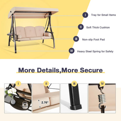 Homrest 3 Person Patio Outdoor Porch Swing with Adjustable Canopy, Backrest, Swing Bed with Stand for Garden,Deck