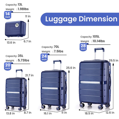 4 Piece Luggage Set, Expandable Lightweight Suitcase Set, PP Materials Travel Luggage with TSA Lock Spinner Wheels, White (14/20/24/28)