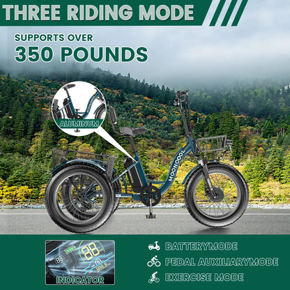 20" x 4" Fat Tire Electric Tricycle for Adult, 7 Speeds Electric Trike 48V 500W Motorized Tricycle , Electric Three Wheels Bicycle for Senior, Aluminum Frame & Rear Basket ,16mph