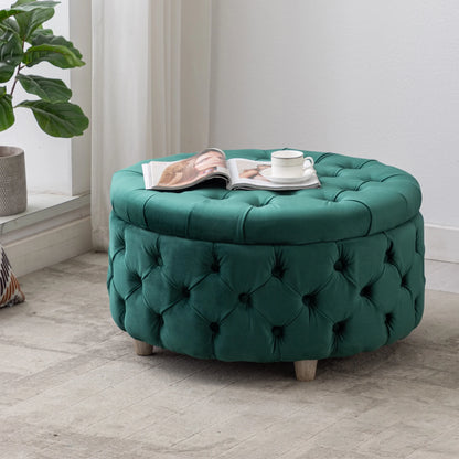 WestinTrends Wordford Round Velvet Tufted Storage Ottoman, Velvet Navy Blue