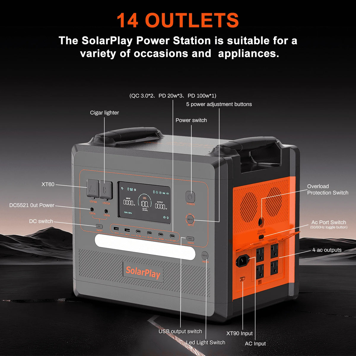 SolarPlay Portable Power Station, 2500W/2304Wh Large Capacity Solar Generator, with 400W Solar Panel, 4 AC Outlets (5000W Peak), Emergency Power Station for Home, Camping, Outdoor Battery Backup