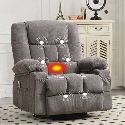 JONPONY Massage Swivel Rocker Recliner Chair with Vibration Massage and Heat Ergonomic Lounge Chair for Living Room with Rocking Function and Side Pocket, 2 Cup Holders, USB Charge Port,Grey