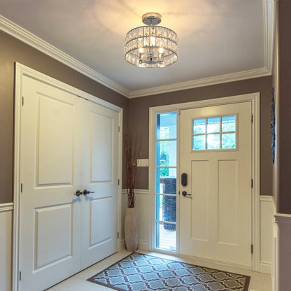 3-Light Crystal Semi Flush Mount Lights for Living Room Hallway French Gold