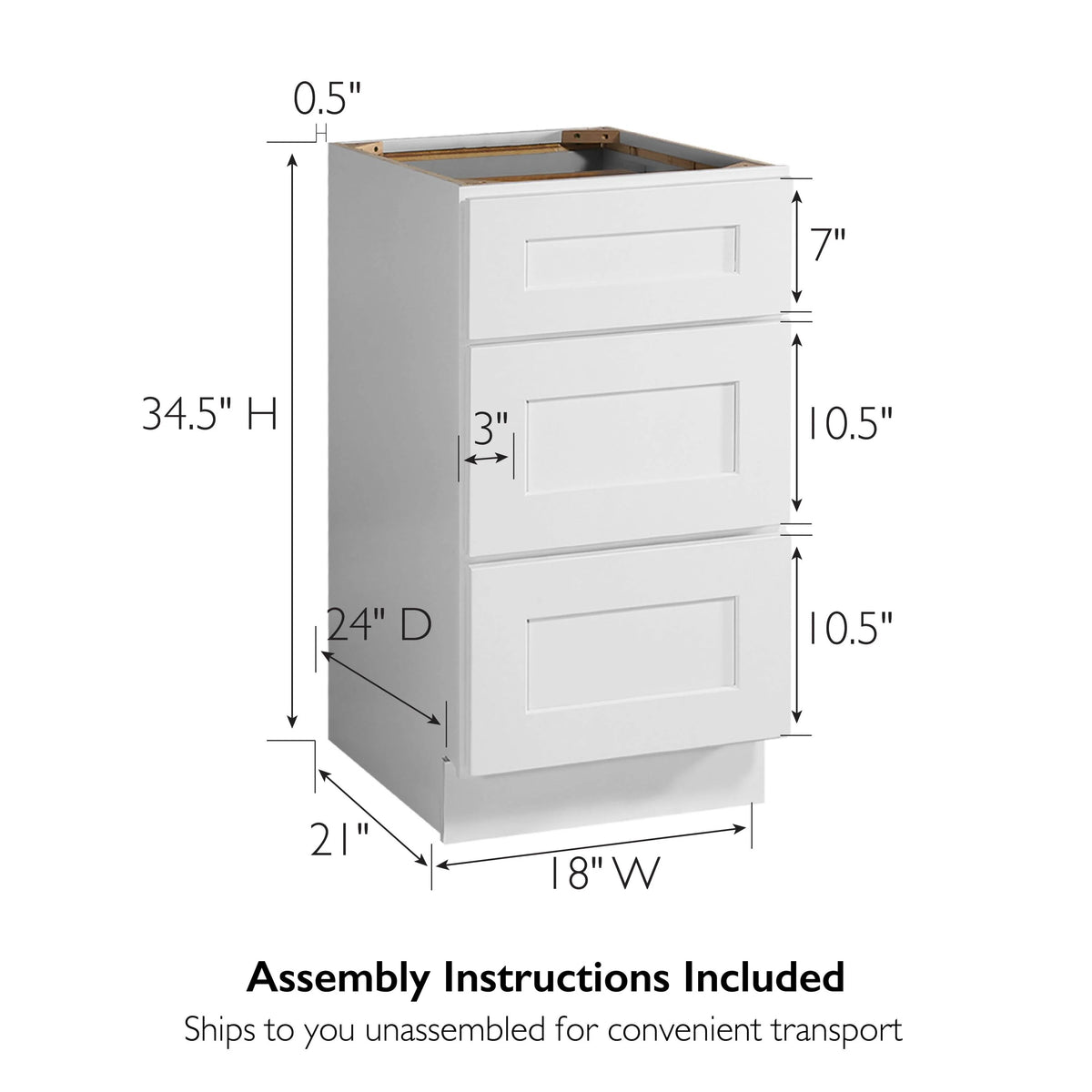 Design House 561464 Brookings Unassembled Shaker Drawer Base Kitchen Cabinet 18x34.5x24, White