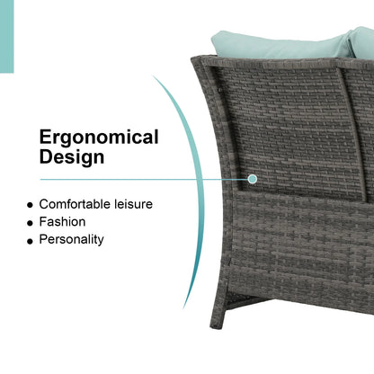 Outdoor Wicker Love Seat and Coffee Table Set, Weather Resistant Grey Rattan, Patio Furniture with Gray Cushions & Storage Bin