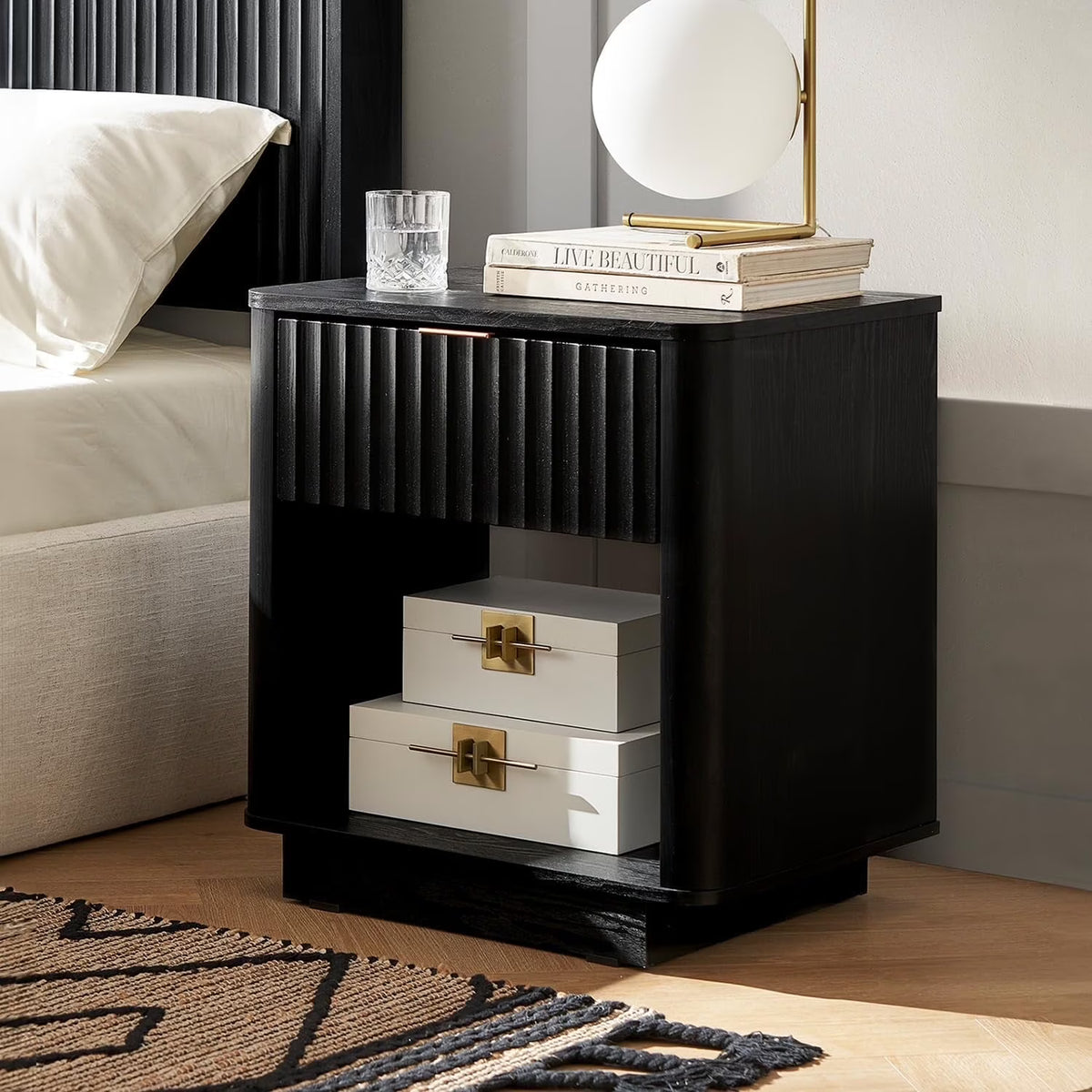 Mopio Brooklyn Oak Nightstand, Modern Farmhouse Side Table with Drawer and Storage, Fluted Panel, Curved Profile, Rose Gold Handle