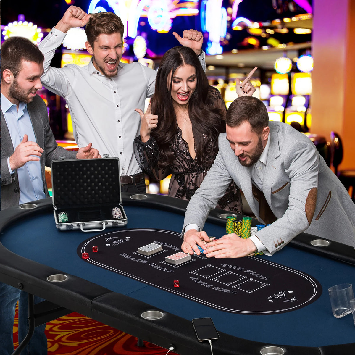 Costway Foldable, USB Ports, Led Lights 10 Player Poker Table, Blue/Black