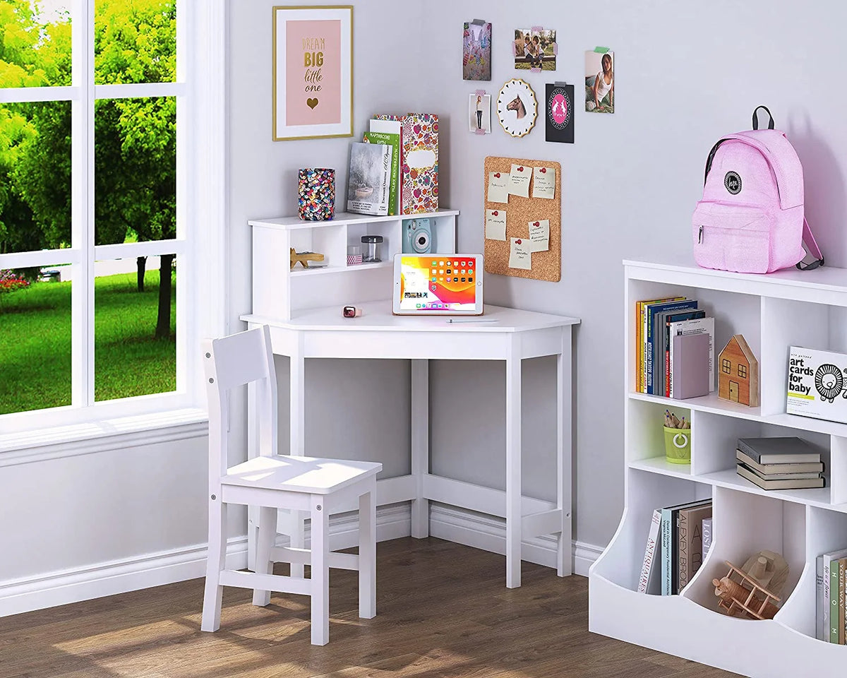 UTEX Kids Desk,Wooden Study Desk with Chair for Children,Writing Desk with Storage and Hutch for Home School Use,White