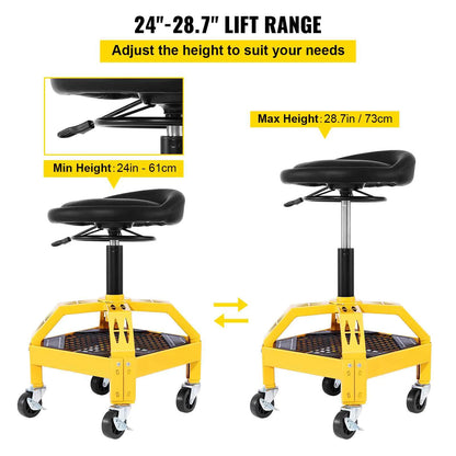 BENTISM Rolling Garage Stool, 300lbs Capacity, Adjustable Height from 24 in to 28.7 in, Mechanic Seat with 360-degree Swivel Wheels and Tool Tray, for Workshop, Auto Repair Shop, Yellow