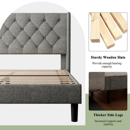 iPormis Full Size Bed Frame with Diamond Button Tufted Wingback Headboard, Upholstered Platform Bed Frame with Strong Wood Slat Support, No Box Spring Needed,Black