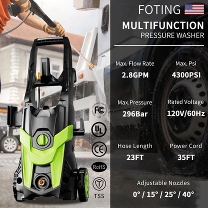 Electric Pressure Washer, 4500 PSI 3.2 GPM Power Washer with 4 Quick Connect Nozzles, High Pressure Cleaning Machine with Foam Cannon for Cars/Fences/Driveways/Patios/Home Cleaning