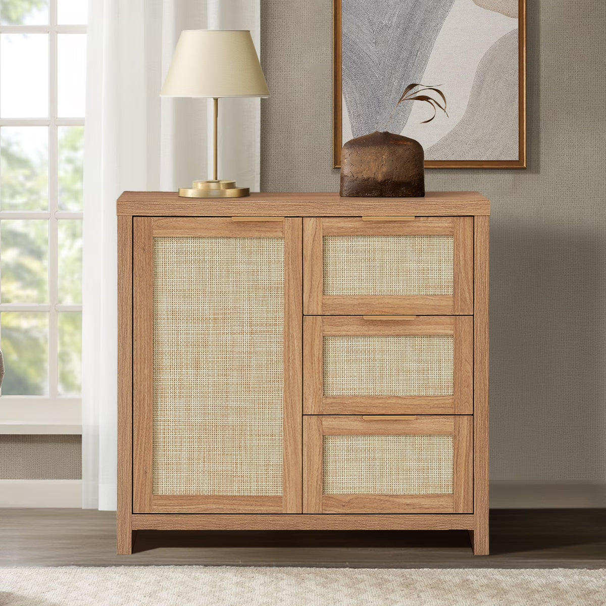 ARKANTOS Sideboards and Buffets, Boho Storage Cabinets with Rattan Doors and Drawers, Natural Oak