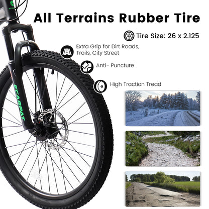 26 Inch-Wheels Mountain Bike, 21-Speed Full Suspension Mens Womens Trail Commuter City Bicycle with Disc Brakes, Grey