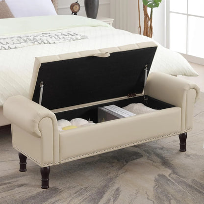 Gelloan Storage Ottoman Bench for Bedroom,Upholstered Bedroom Bench with Rolled Arms and Rivets, Storage Chest for Living Room,Grey,51 Inches