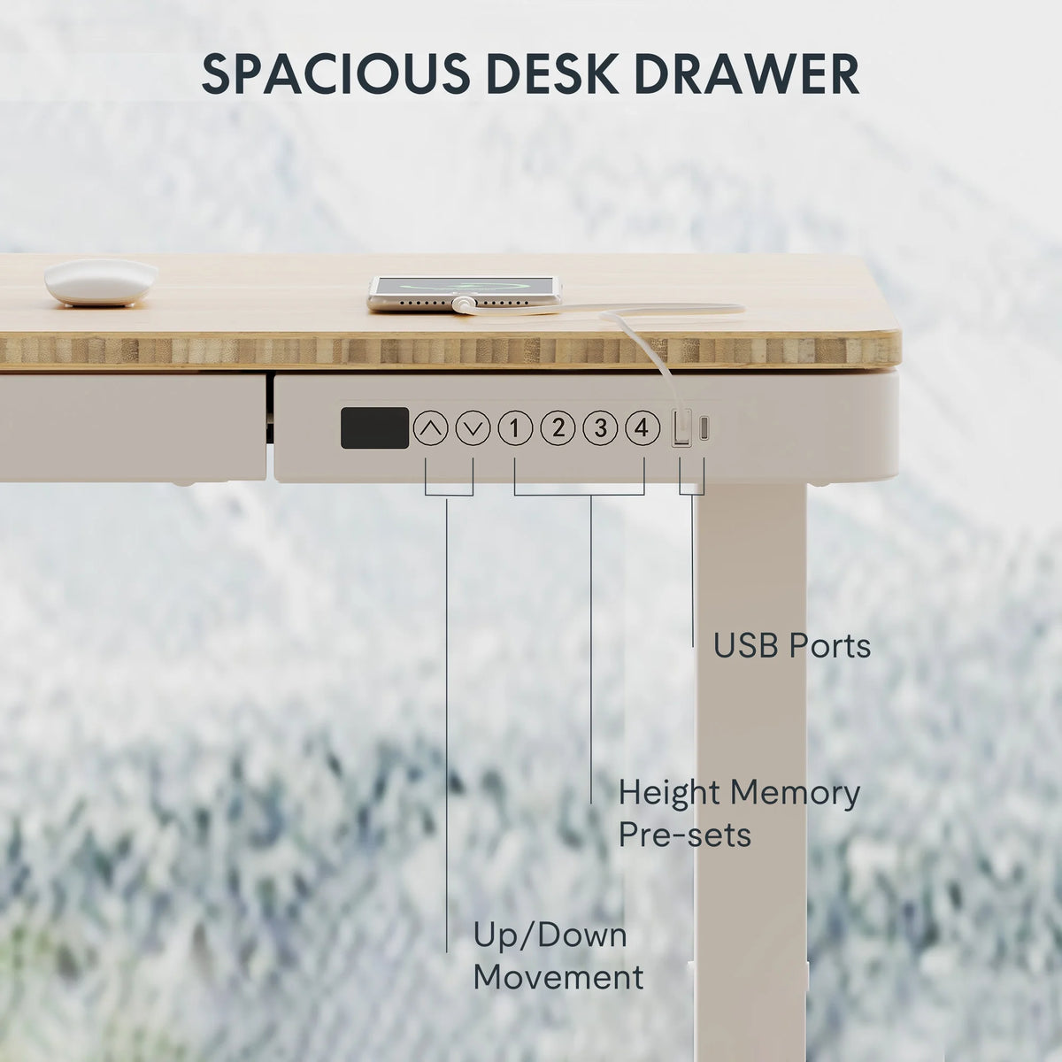 FLEXISPOT 48" W Home Office Height Adjustable Standing Desk White and Maple with USB Charge Ports and Embedded Drawer