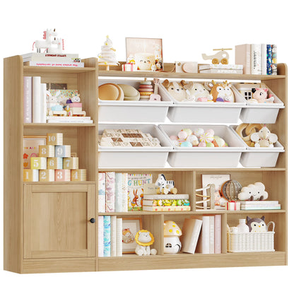 Hiphuta 55"In Kids Bookcase with Toy Storage Organizer, Wood Cube Bookcase Toy Chest of 8 Compartments & 6 Movable Bins, Bookshelf for Kids Bedroom, White