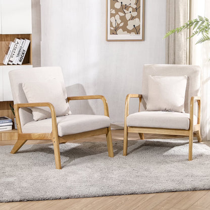 JULY'S SONG Mid Century Modern Accent Chair Set of 2, Linen Upholstered Reading Chairs for Living Room, 25.6" W Fabric Comfy Armchair, Beige