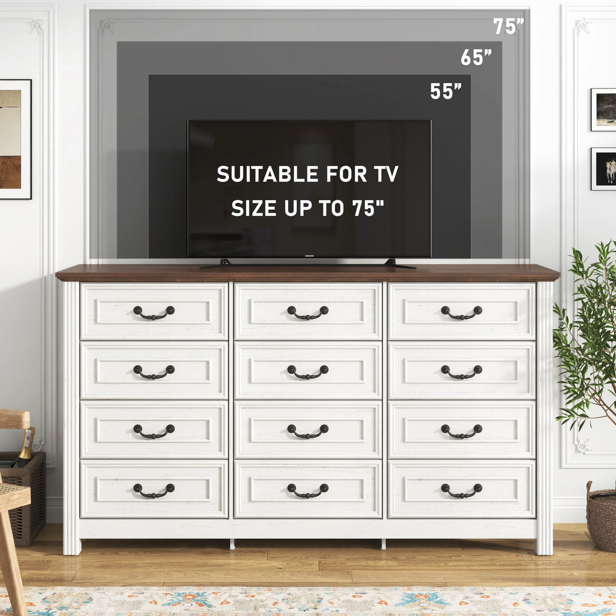 ChVans Farmhouse 12 Drawers Dresser for Bedroom, 63'' Wide Wood Rustic Chest of Drawers with Natural Texture, Vintage Design, Large Storage Dressers Organizer for Living Room, Hallway