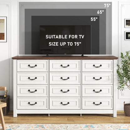 ChVans Farmhouse 12 Drawers Dresser for Bedroom, 63'' Wide Wood Rustic Chest of Drawers with Natural Texture, Vintage Design, Large Storage Dressers Organizer for Living Room, Hallway