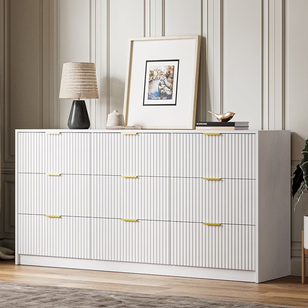 Furniway Fluted Large 9-Drawer Black Dresser