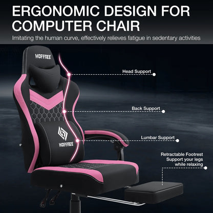 Hoffree Gaming Chair with Massage Fabric Office Chair with footrest for Adults, Ergonomic Gamer Chair with Headrest and Lumbar Support for Office Gaming, 440 LBS