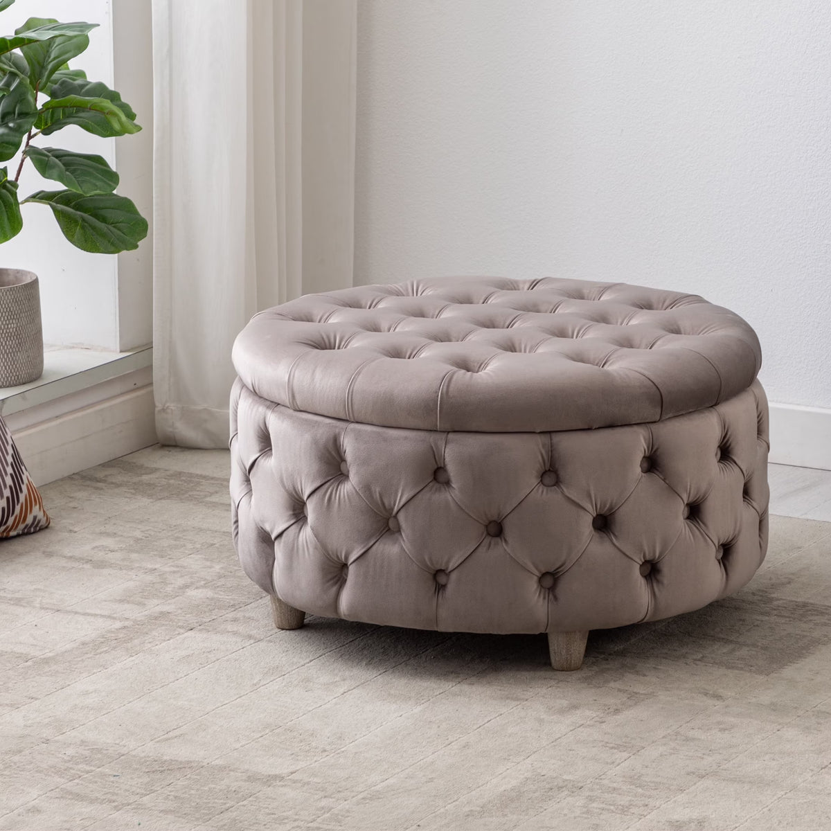 WestinTrends Wordford Round Velvet Tufted Storage Ottoman, Velvet Navy Blue
