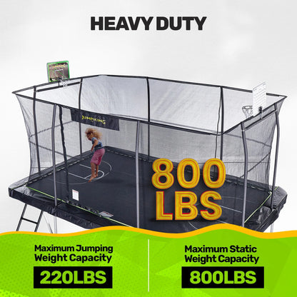 JumpKing 10'x15' Rectangle Trampoline with 2 Powder Coated Basketball Hoops & Breakaway Rim and Ladder- Large Recreational Trampoline for Kids and Adults with Enclosure Net