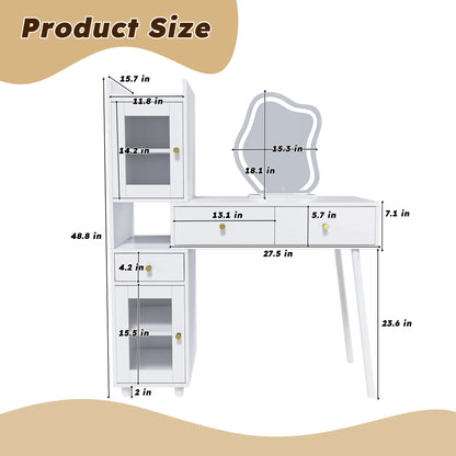 Montary Modern Mini Vanity w/Adjustable LED Mirror + Hidden Storage, Padded Stool & Dustproof Shelves (White)