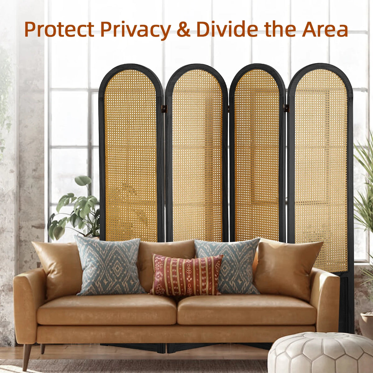 Aletheiawu 6 Panel Rattan Room Divider and Folding Privacy Screens, No Installation Required, Black