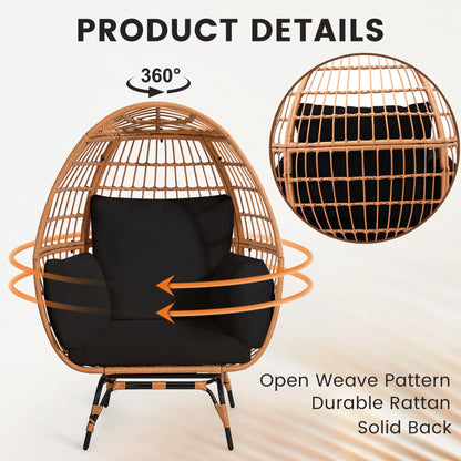 Skandiquip Oversized Rattan Adult Egg Chair, 360 Swivel, Outdoor Patio Chair with overstuffed Cushions, Indoor Large Wicker Egg Chair, Natural Rattan, Beige Cushion
