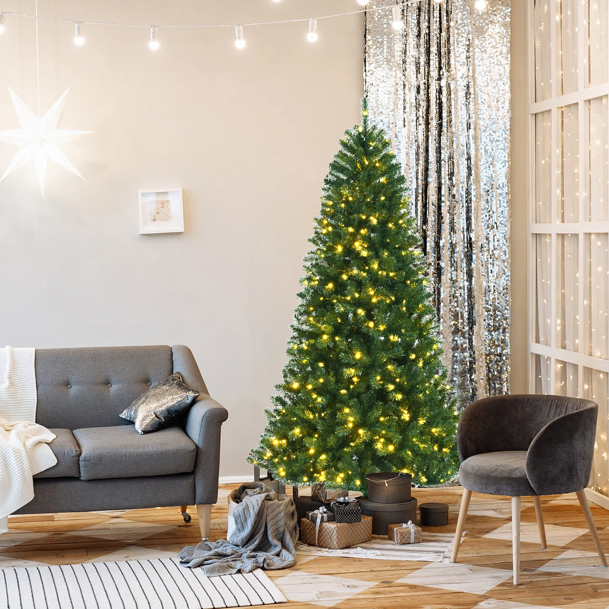 Costway 7ft Pre-lit Hinged Christmas Tree w/ Remote Control & 9 Lighting Modes