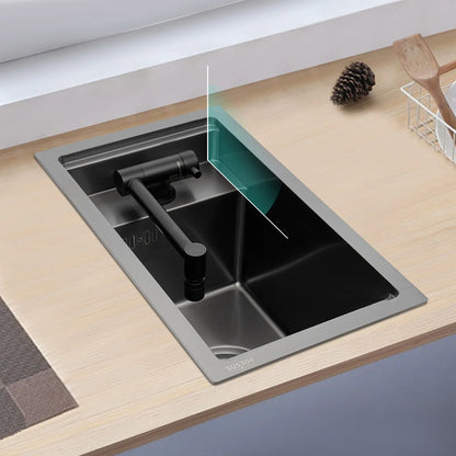 Modern Drop in Bar Sink, Single Bowl Kitchen Sink with Foldable Faucet, Black Nano 304 Stainless Steel Utility Sink for Compact Kitchen Commercial Hotel RV Laundry