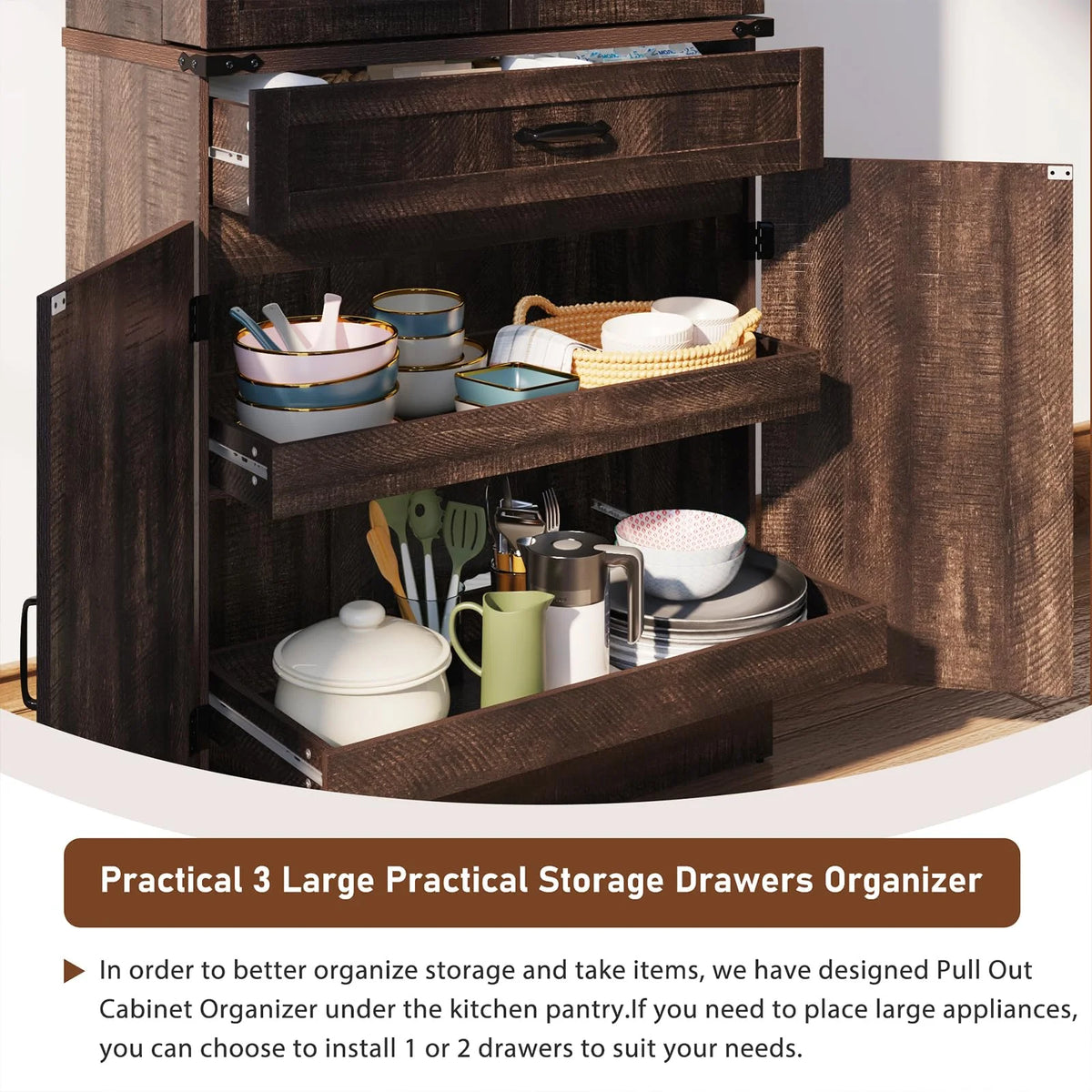 71" Tall Farmhouse Kitchen Pantry with 12 Side Shelves & Adjustable Shelves, 5 Layers Pantry Storage Cabinet w/Load-Bearing Steel Pipe & 4 Barn Doors for Kitchen, Dining Room, Living Room, Brown