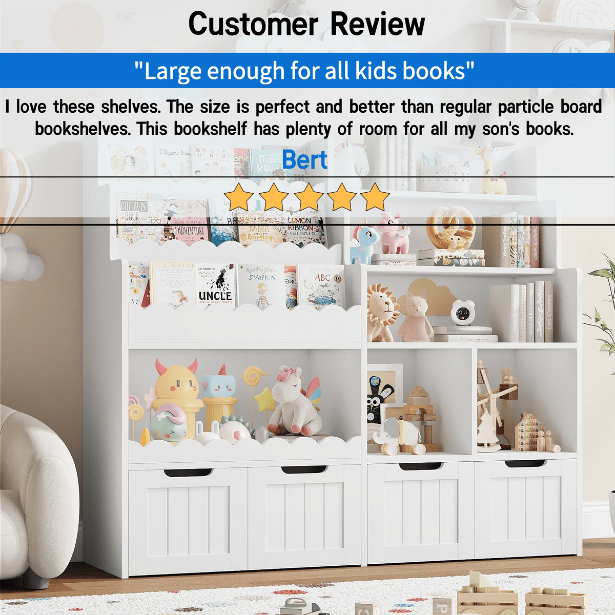 Hiphuta 47"Wide Large Kids Bookcase, Wood Bookshelf Toy Storage Organizer with Book Rack & Movable Boxes, White Bookshelf for Kids Room