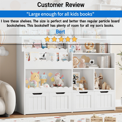 Hiphuta 47"Wide Large Kids Bookcase, Wood Bookshelf Toy Storage Organizer with Book Rack & Movable Boxes, White Bookshelf for Kids Room