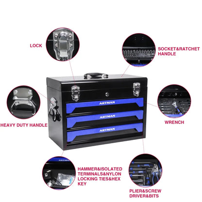799PCS Aluminum Trolley Case Tool Set, Complete Tool Box Set with Rolling Wheels, Household Hand Tools Kit for Men, Silver