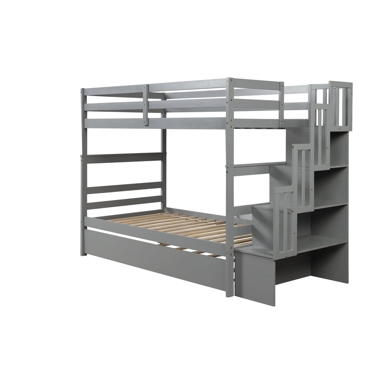 Bellemave Twin over Twin Stairway Bunk Bed with Trundle Wooden Bunk Bed Frame with Guardrails and Staircase, Twin Size Bunk Bed with Storage Stairs for Kids, Teens, Gray