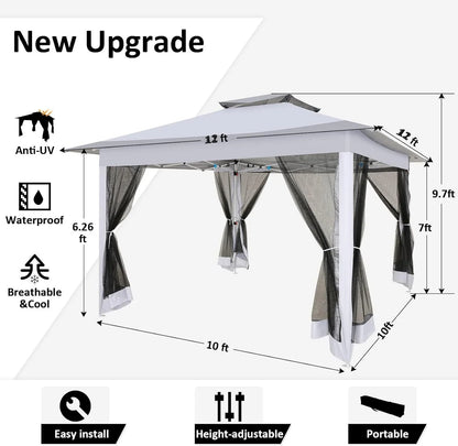 COBIZI 12x12 Outdoor Gazebo Pop Up Gazebo Canopy with Mosquito Netting Patio Tent Backyard Canopy with 2-Tiered Vented Top 3 Adjustable Height, Beige