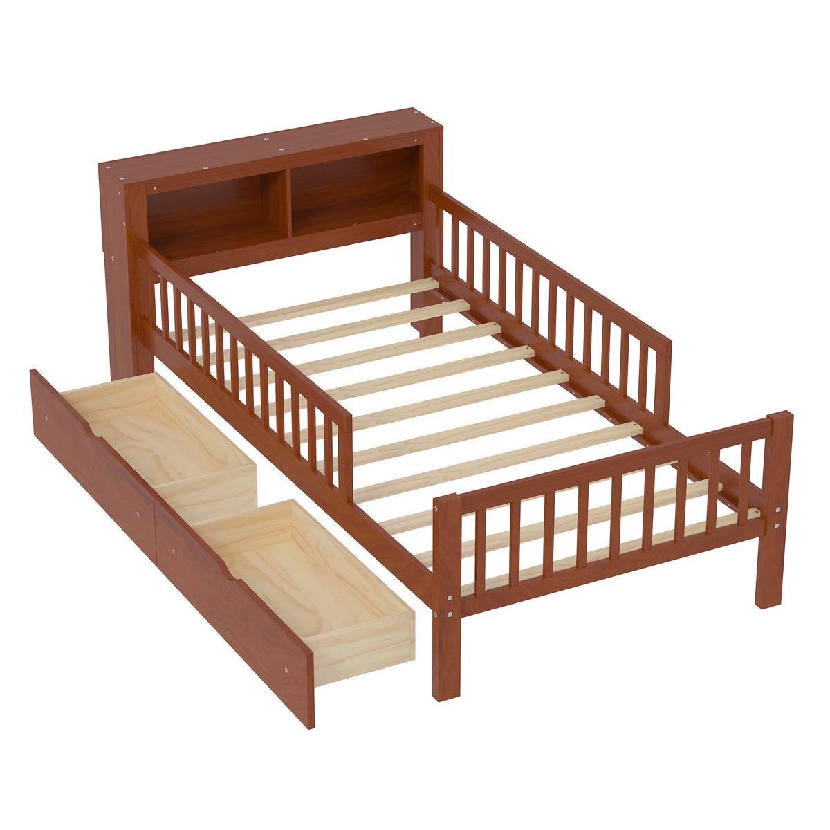 Euroco Wood Twin Size Platform Bed with Storage Headboard and Drawers, Low Profile Bed with Guardrails for Kids and Toddlers, White