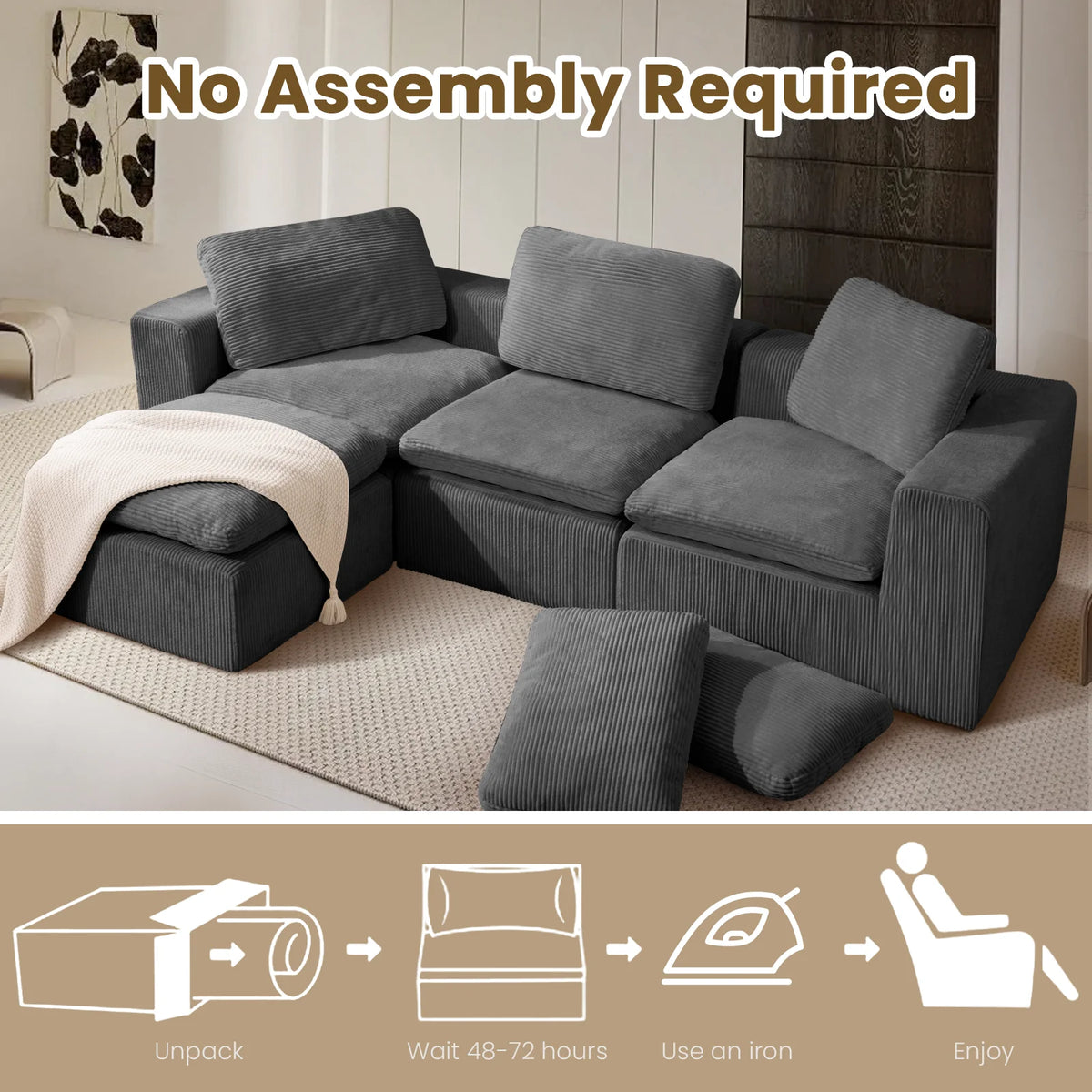 Cloud Sectional Couches for Living Room, Modular L-Shaped Sofa with Ottoman, Corduroy Sleeper Sofa Bed, No Assembly Compression Memory Foam Couch,White