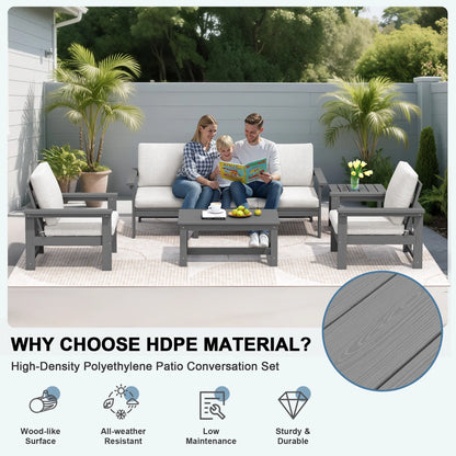SERWALL Outdoor Patio Furniture Set, 7-Piece HDPE Outdoor Sofa Set Patio Conversation Set, Black Frame with Beige Cushions