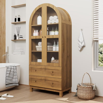 Garvee 71" Tall Arched Storage Cabinet with Acrylic Doors, Modern Wooden Pantry Cabinet with 2 Drawers & Adjustable Shelves, Versatile Kitchen Cupboard, Living Room Storage