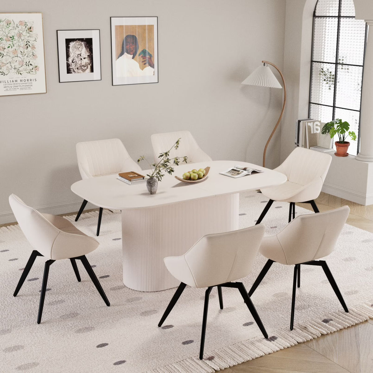 63" Oval Dining Table Set for 6, Wooden Dining Roon Table and 6 PU Swivel Armchairs, Modern Dining Set with High Backrest and Waterproof Tabletop for Living Room,  Beige+Brown