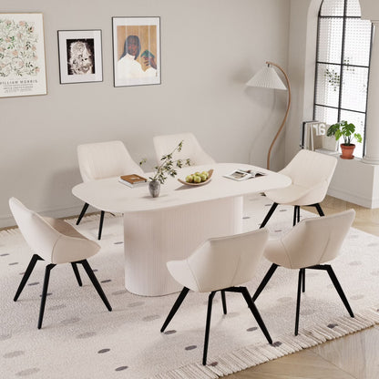 63" Oval Dining Table Set for 6, Wooden Dining Roon Table and 6 PU Swivel Armchairs, Modern Dining Set with High Backrest and Waterproof Tabletop for Living Room,  Beige+Brown