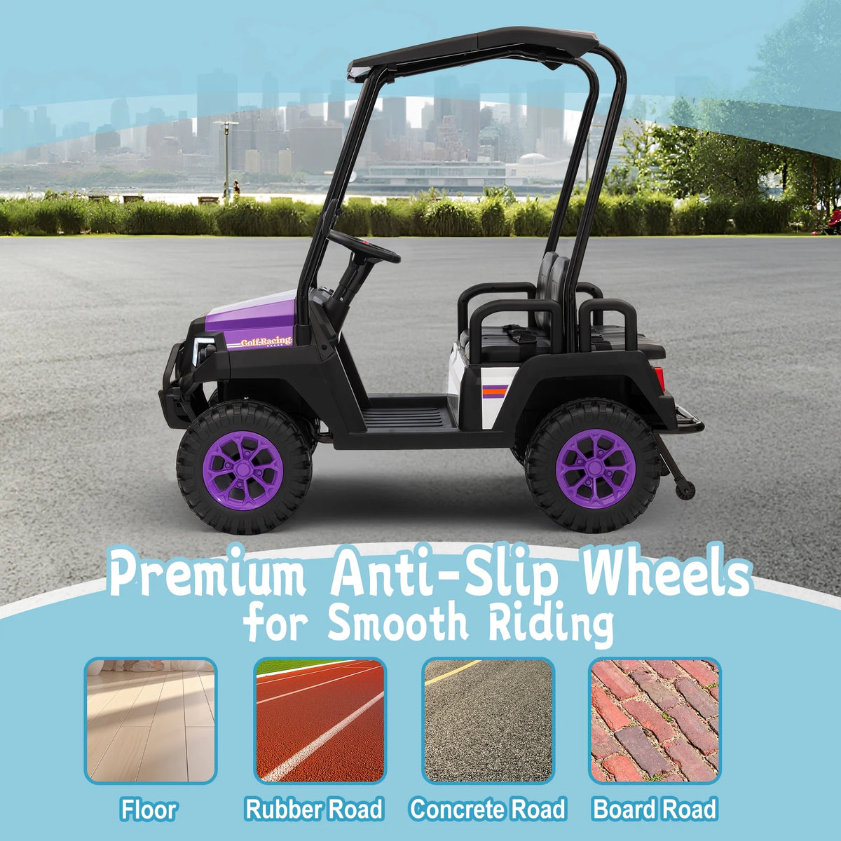 24V XL Kids Ride on Golf Cart, Electric Car w/Remote Control, Detachable Awning, 4 Seats, 3 Speeds, LED Lights, Spring Suspension, Bluetooth, Audio, Blue
