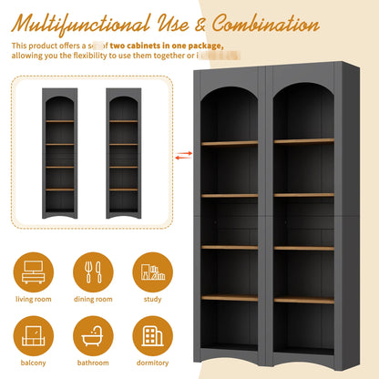 72"h Pantry Pair, 2 , Adjustable Shelves, , Black Finish 2 Bookcase , Cabinet With Vintage Style
