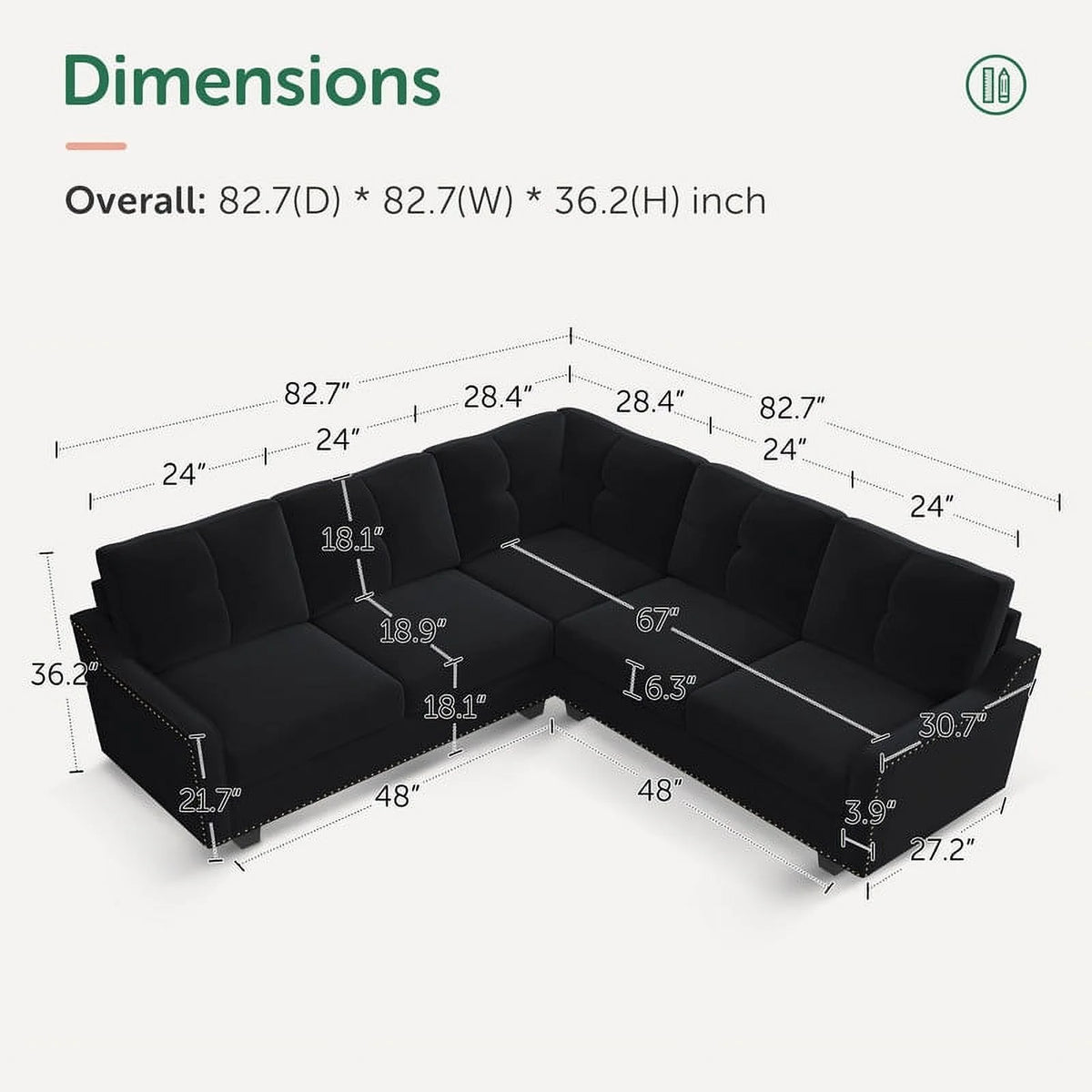 HONBAY Rivet Corner Sofa L-Shaped Sofa Couch Reversible 4-Seater Couch for Living Room and Apartment, Dark Blue