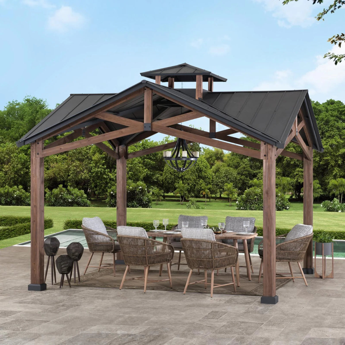 Sunjoy 12.5 x 12.5 ft. Hardtop Gazebo Outdoor Cedar Frame Wood Gazebo with Steel 2-Tier Hardtop Roof and Ceiling Hook